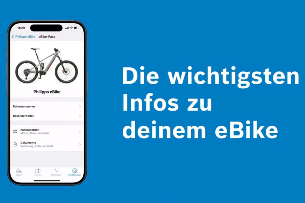 angeschnittener Bildschirm eines Smartphones mit Bosch eBike App auf blauem Hintergrund, danben der Text: Die wichtigsten Infos zu deinem eBike,