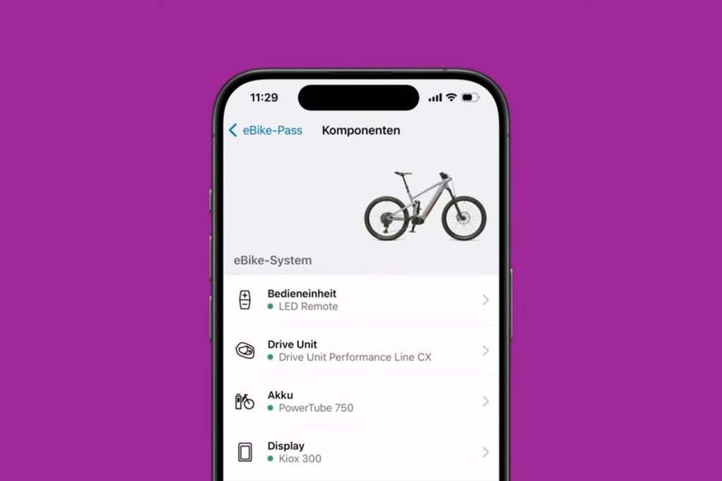 fliederfarbener Hintergrund, davor angeschnittener Smartphone-Bildschirm mit Bosch eBike App