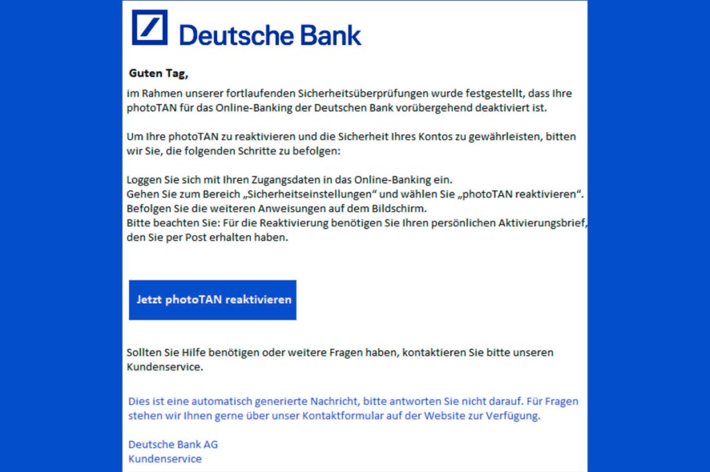 Screenshot einer Phishing-Mail im Namen der Deutschen Bank