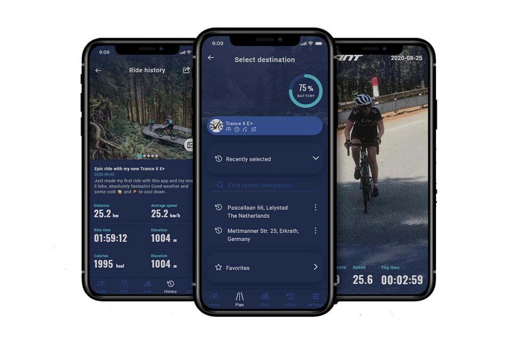 Drei Smartphone-bildschirme nebeneinander, zeigen Ride Control App