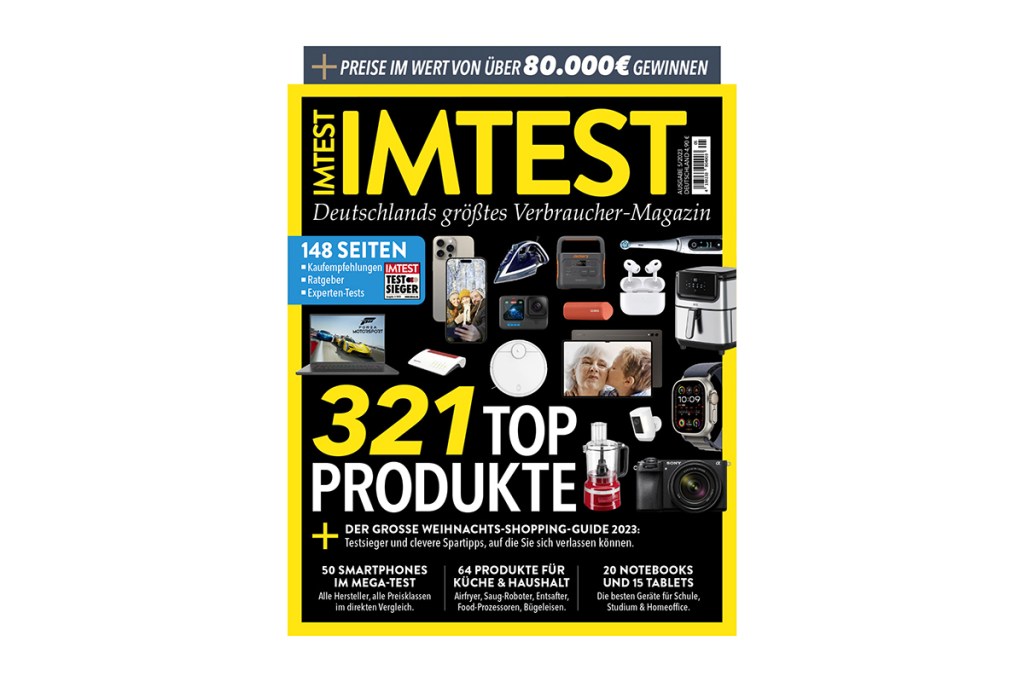 Cover der neuen IMTEST-Ausgabe 5/23, ein schwarzes Heft mit sehr vielen Technik-Produkten drauf.