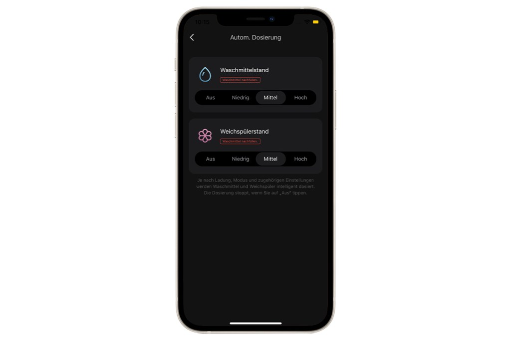 Ein Screenshot der Roborock-App. Zu sehen sind die Einstellungen zur Waschmittel-Dosierung.