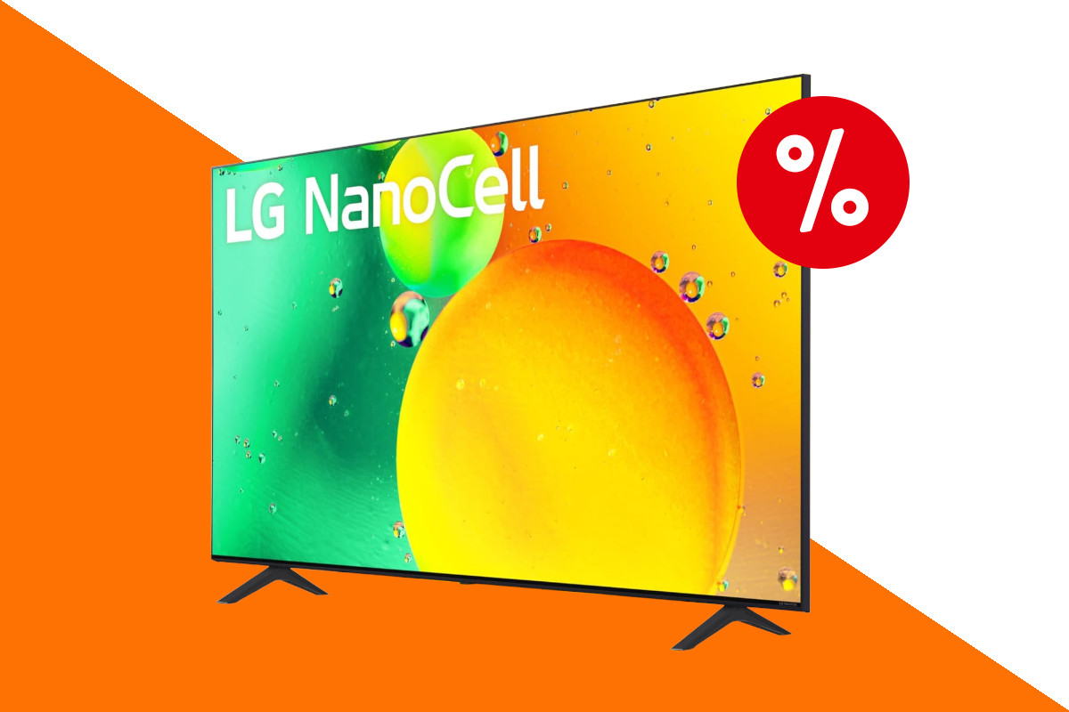 LG-Fernseher schräg von vorne zeigt grüne und orangene Blasen auf orange weißem Hintergrund mit rotem Prozentzeichen rechts oben