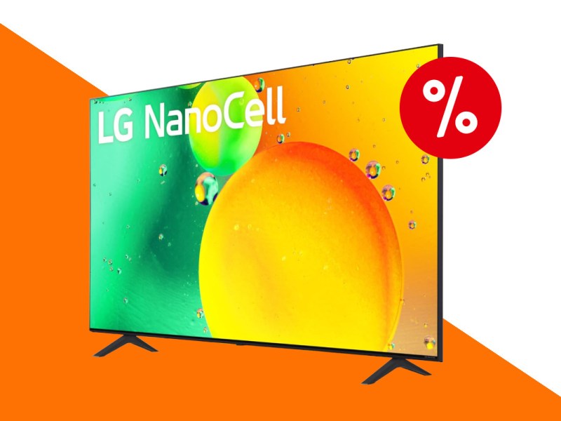 LG-Fernseher schräg von vorne zeigt grüne und orangene Blasen auf orange weißem Hintergrund mit rotem Prozentzeichen rechts oben