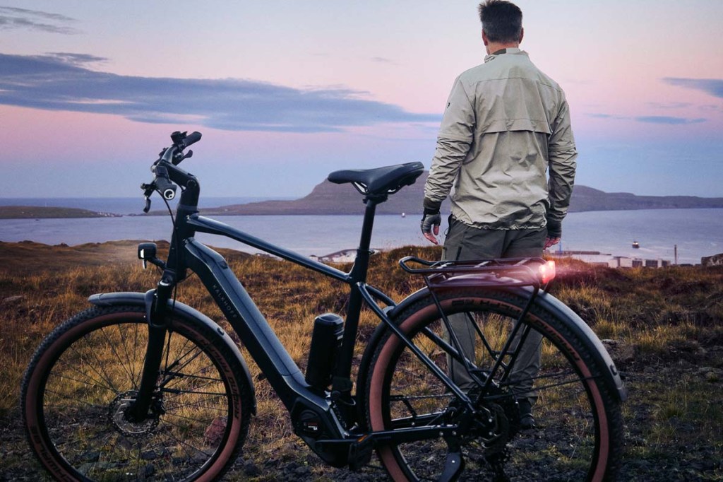 mann steht inmitten der Natur, er blickt auf einen See, vor ihm steht ein e-bike
