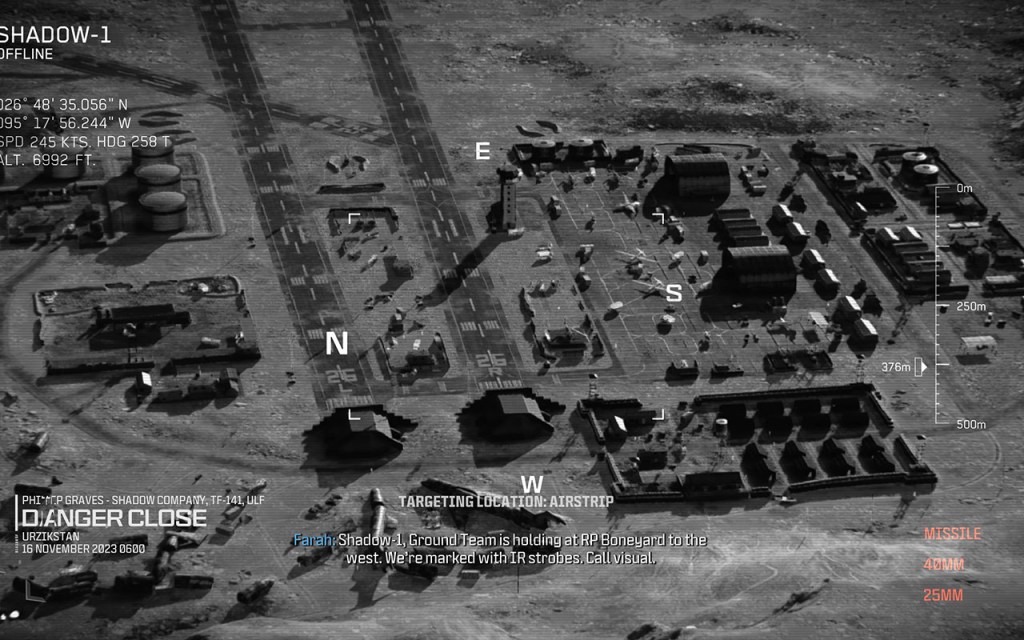 Screenshot aus dem Shooter Call of Duty: Modern Warfare 3. Sicht aus der AC-130, unten eine Militärbasis.