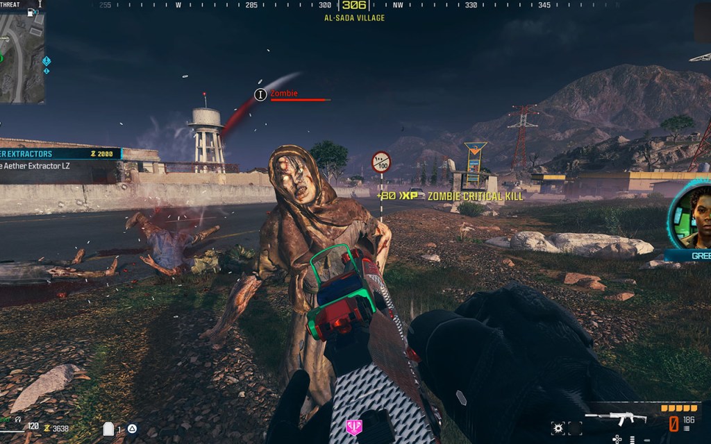 Screenshot aus dem Zombie-Modus von Modern Warfare 3. Ein Zombie greift den Spieler an, der zielt mit seiner Waffe.