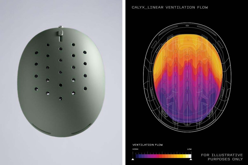 zweigeteiltes Bild: Links Produktshot Helm von oben, rechts Bild einer Wärmebildkamera, zeigt Wärmeverteilung unter einem Helm