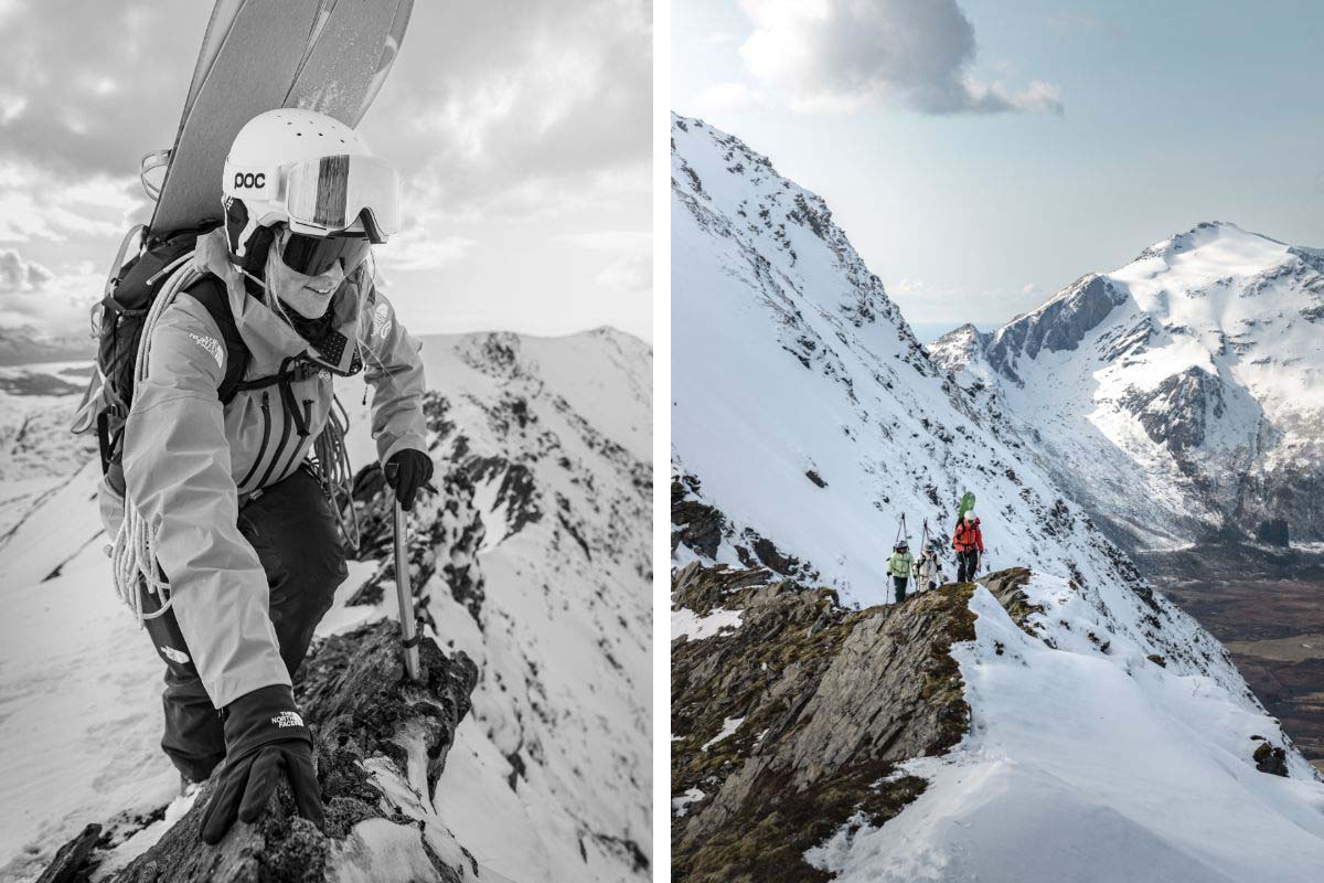 zweigeteiltes Bild, auf beiden sieht man personen bei einer Skitour, dabei tragen sie die Skier am Rucksack und gehen den Berg hoch, dabei tragen sie einen Helm
