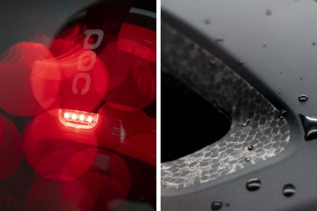 zweigeteiltes Bild: rechts Detailaufnahme Fahrradhelm, links LED-Licht am Helm