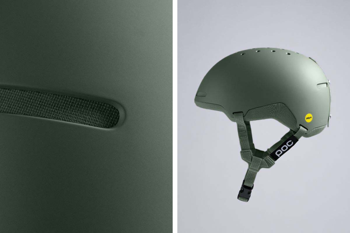 zweiteiltes Bild: rechtes Produktshot Fahrradhelm von der Seite, links Detailaufnahme Belüftungsschlitz