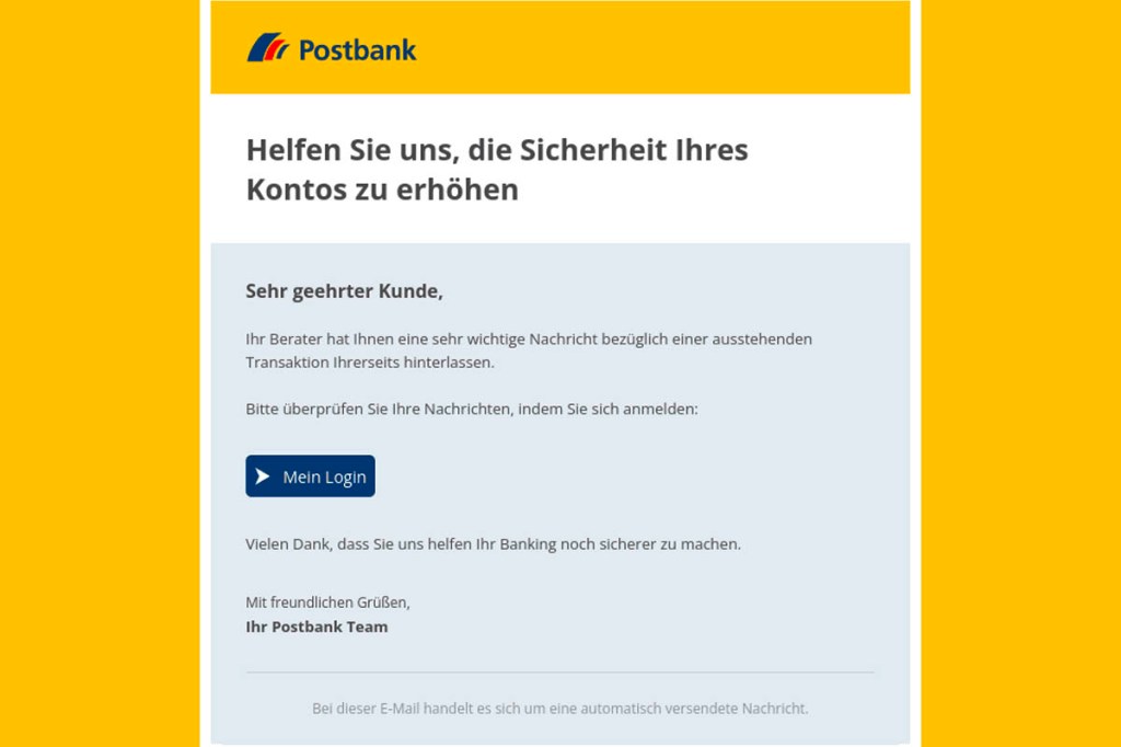 Eine Phishingmail an Postbank-Kunden auf gelbem Hintergrund 