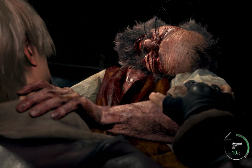 Screenshot von Resident Evil 4 für iPhone: Ein Mann mit gebrochenem Genick bedrängt die Spielfigur.