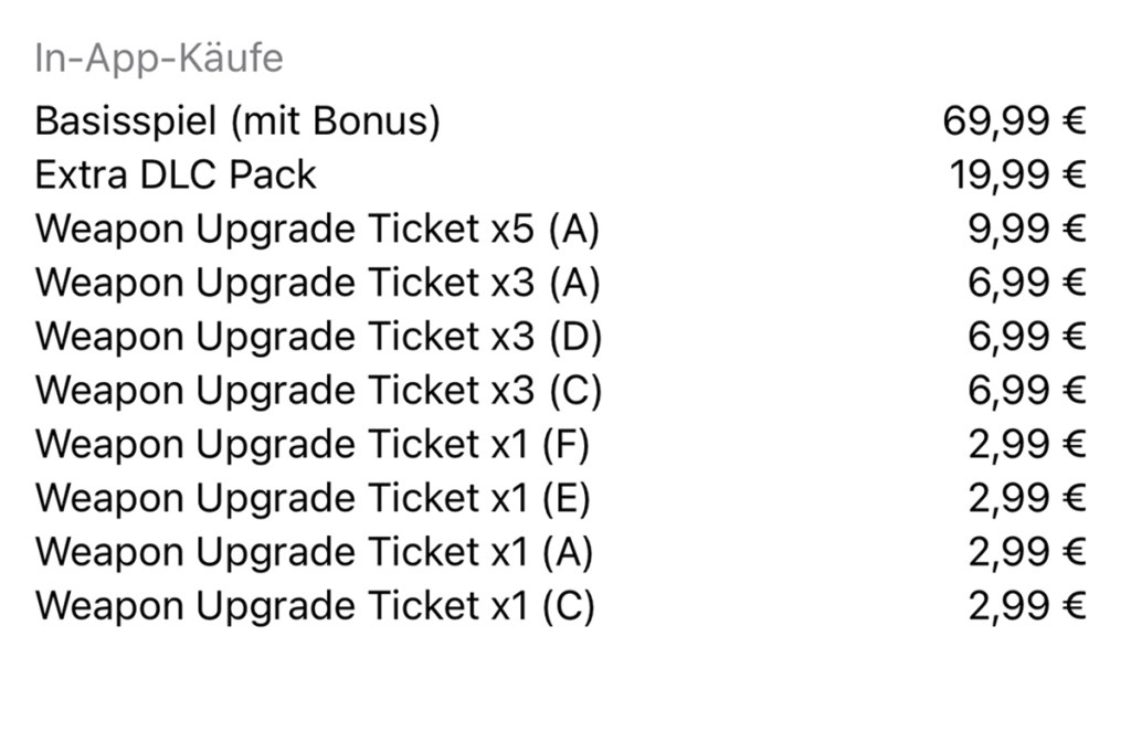 Screenshot der Preisübersicht vom Spiel im App-Store.