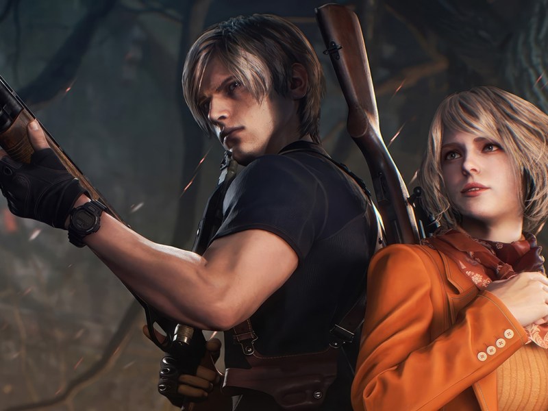 Artwork vom Videospiel Resident Evil 4, zu sehen sind ein entschlossen dreinblickender Mann mit einer Schrotflinte in der Hand und neben ihm eine junge Frau