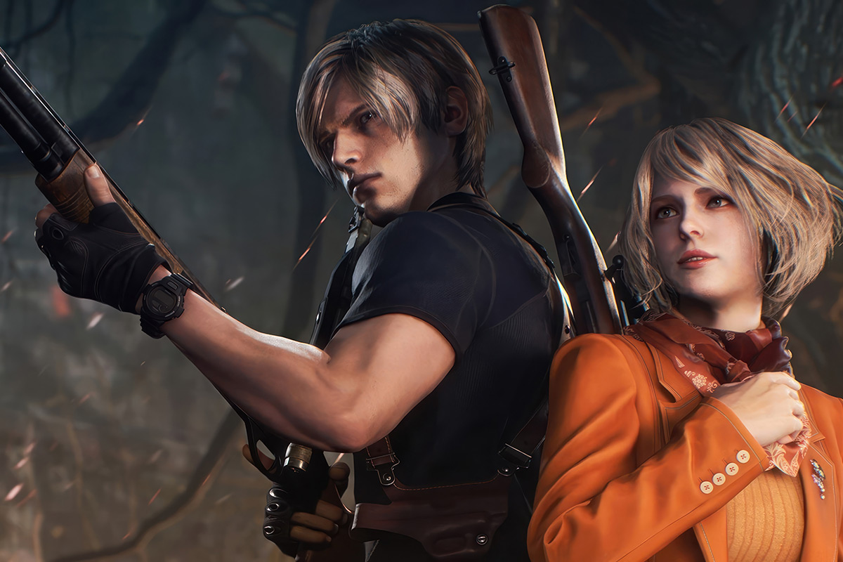 Artwork vom Videospiel Resident Evil 4, zu sehen sind ein entschlossen dreinblickender Mann mit einer Schrotflinte in der Hand und neben ihm eine junge Frau