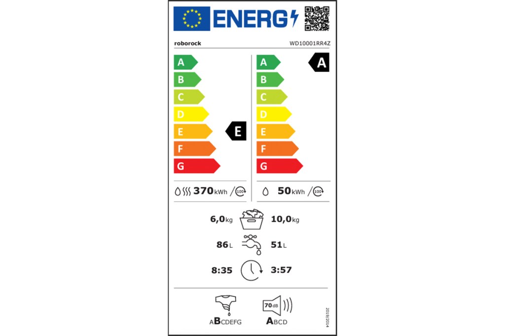 Das EU-Energielabel für den Roborock-Waschtrockner Zeo One.