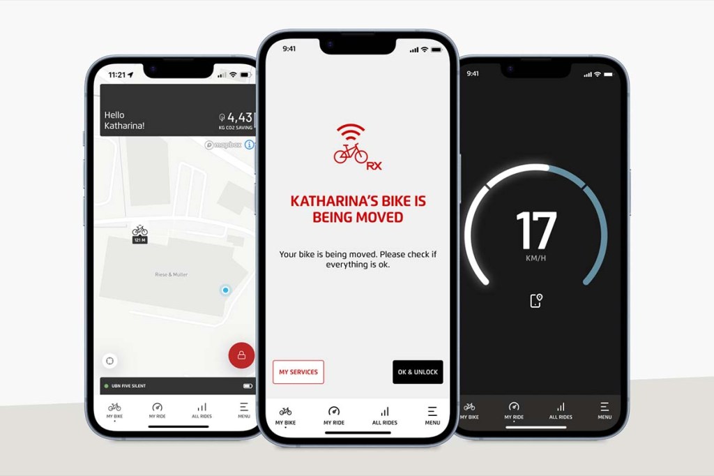 Drei Smartphone-bildschirme nebeneinander, zeigen RX Connect App