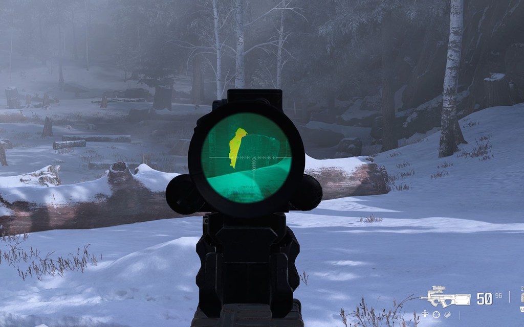 Screenshot aus Modern Warfare 3. Der Spieler visiert mit einem Thermalsichtgerät einen Feind an.