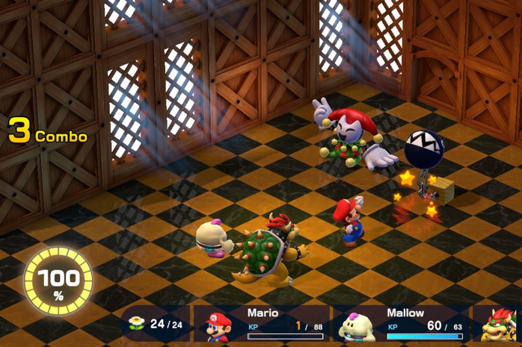Screenshot aus dem Videospiel Super Mario RPG. Man sieht einen Kampf der Mario-Gruppe gegen Harlekin und Kettenhund.