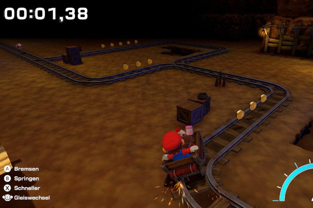 Screenshot aus dem Videospiel Super Mario RPG. Man sieht ein Minispiel, wo Mario auf Zuggleisen fährt.