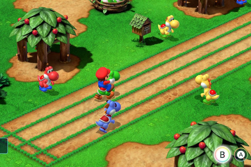 Screenshot aus dem Videospiel Super Mario RPG. Man sieht ein Minispiel: Yoshis beim Wettrennen.