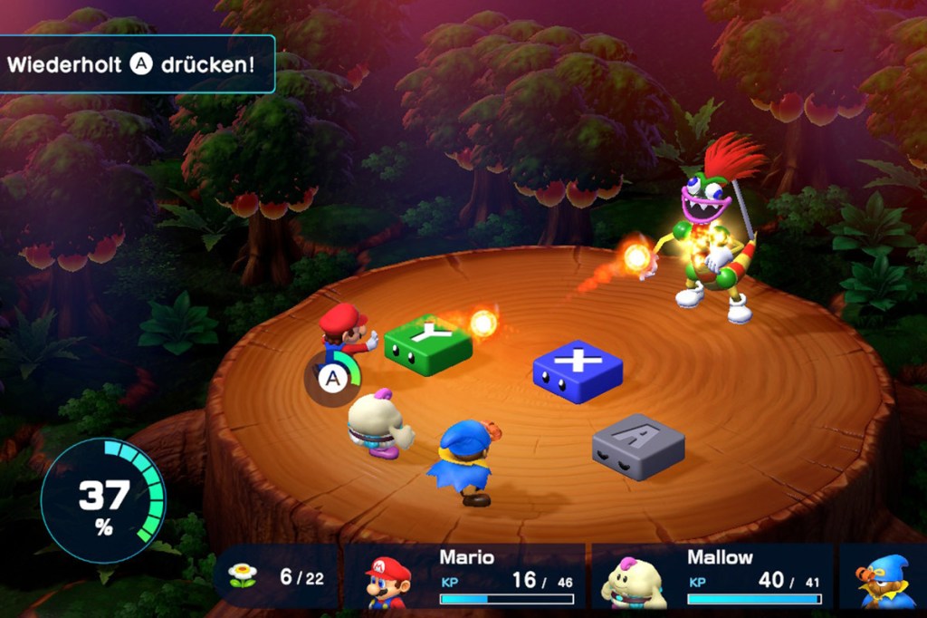 Screenshot aus dem Videospiel Super Mario RPG. Man sieht einen Bosskampf gegen einen Harlekin.