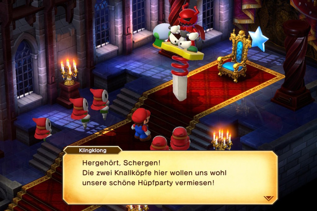 Screenshot aus dem Videospiel Super Mario RPG. Man sieht den Oberbösewicht im Thronsaal.
