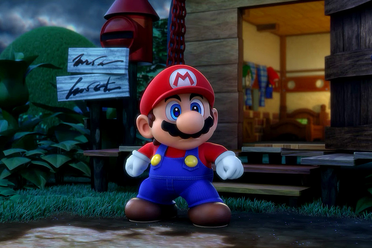 Screenshot aus dem Videospiel Super Mario RPG. Man sieht den Helden Mario, wie er vor einer Hütte steht.