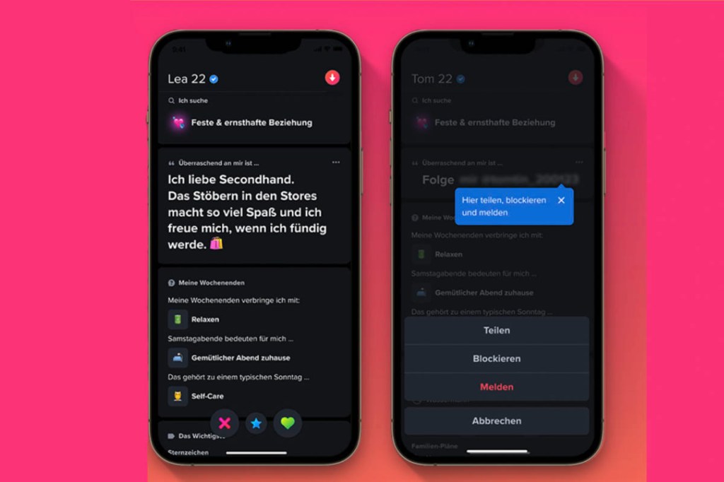 Screenshots von einem Tinder-Profil sowie der Meldefunktion vor pinkem Hintergrund