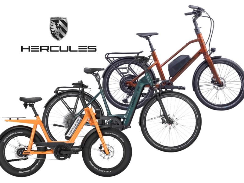 Drei neue E-Bikes von Hercules auf weißem Grund.