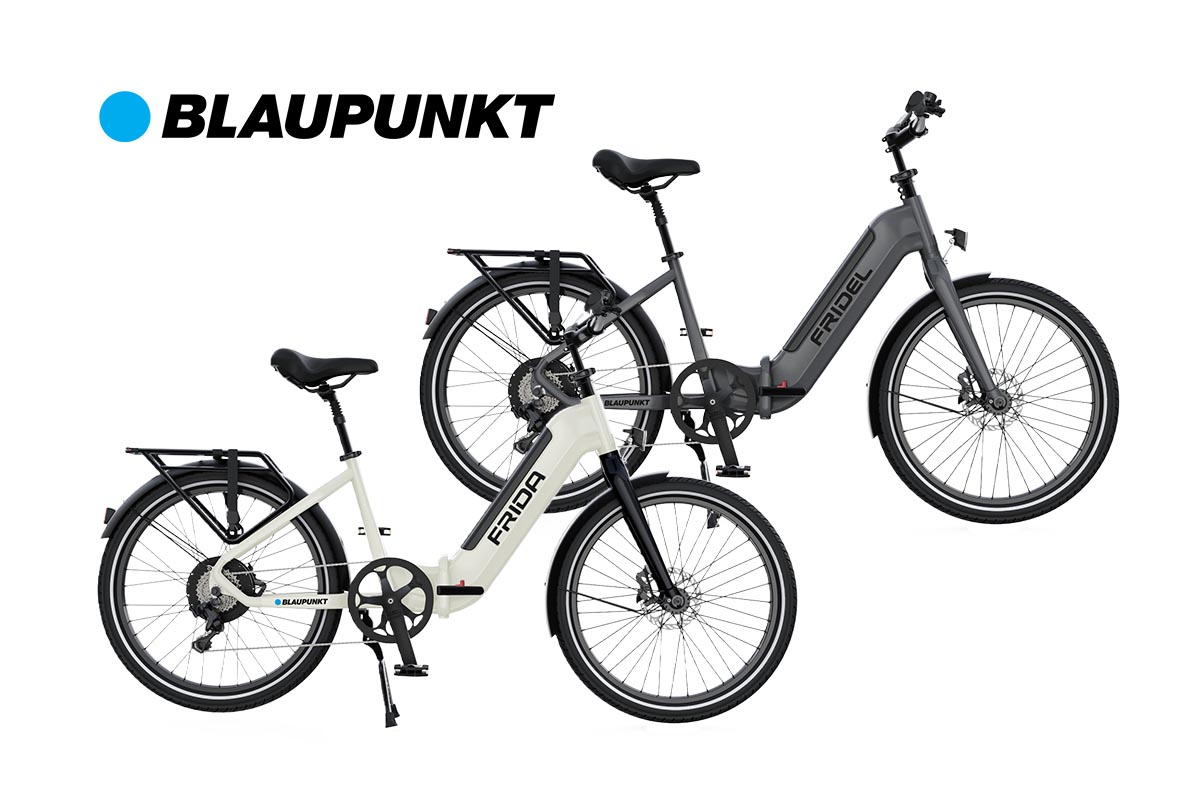 Falt-E-Bikes von Blaupunkt auf weißem Grund.