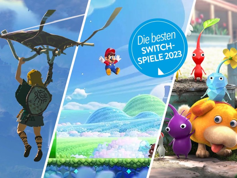 Spiele für die Nintendo Switch auf einem dreigeteiltem Bild.