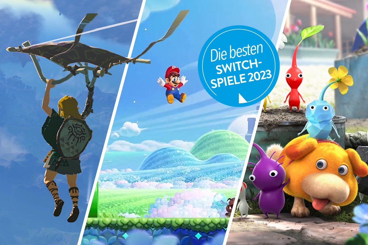 Spiele für die Nintendo Switch auf einem dreigeteiltem Bild.