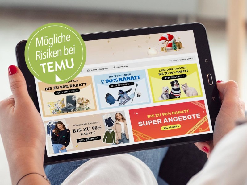 Tablet mit der Homepage von Temu.