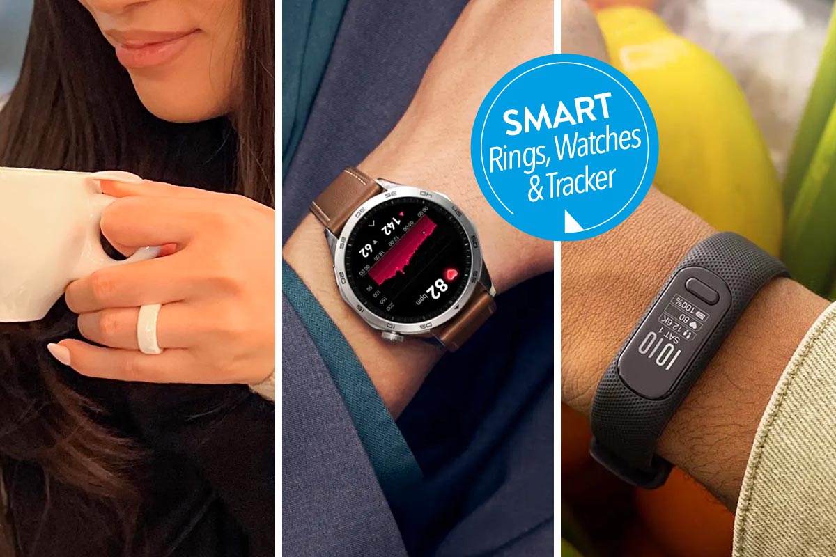 Smarter Ring, Watch und Tracker auf einem dreigeteiltem Bild.