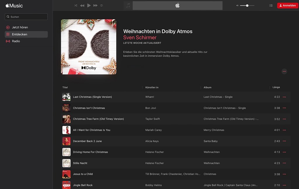 Screenshot der Dolby Atmos Playlist