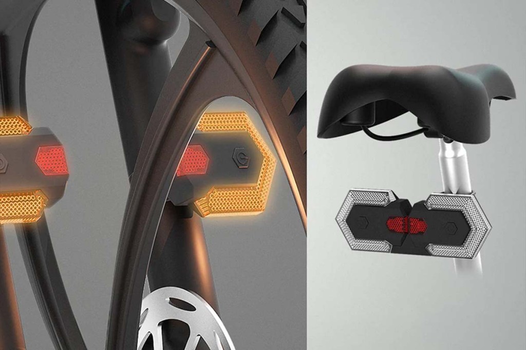 zweigeteiltes Bild: links Blinker am Fahrradrahmen befestigt, rechts Produktshot Sattel mit Sattelstütze, an denen Fahrradblinker befestigt sind