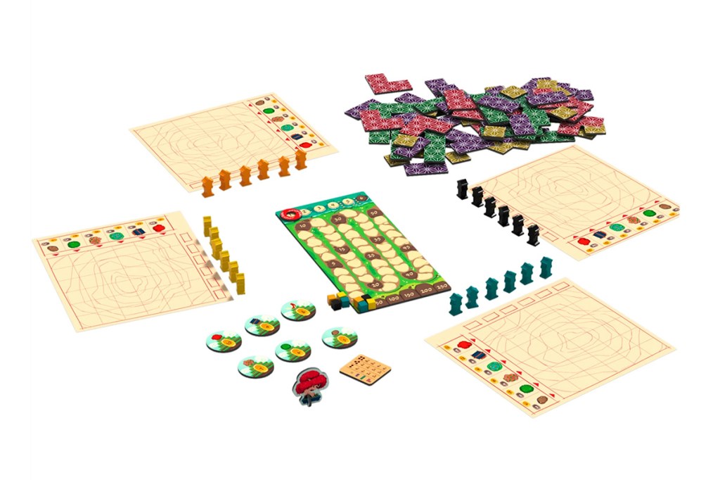 Das Brettspiel Miyabi, man sieht die Spielmaterialien vor weißem Hintergrund.