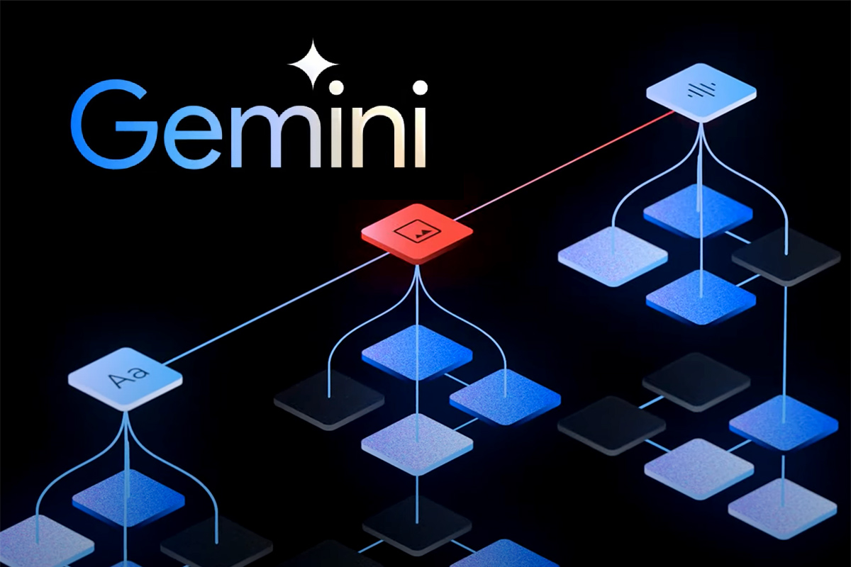 Das Logo von Googles KI Gemini, mit blauer Netzwerk-Grafik daneben.