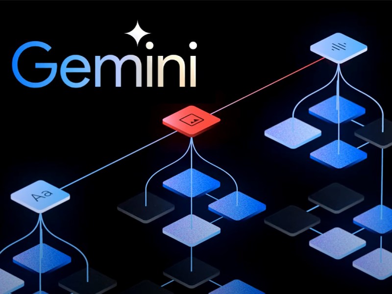 Das Logo von Googles KI Gemini, mit blauer Netzwerk-Grafik daneben.