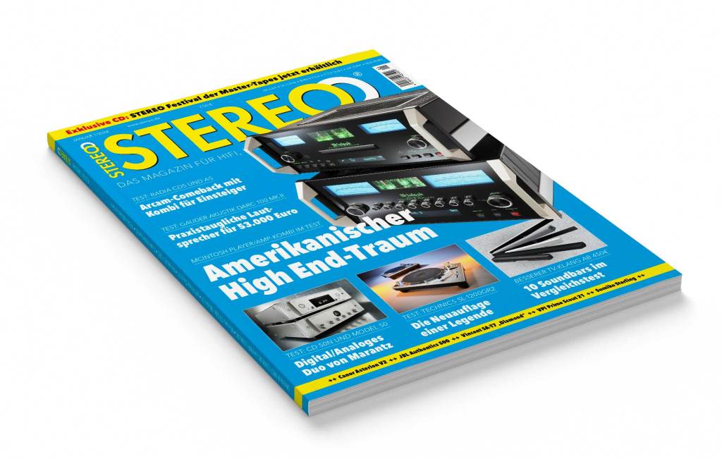 Das Cover der HiFi-Zeitschrift-Stereo, hellblau mit gelber Schrift.