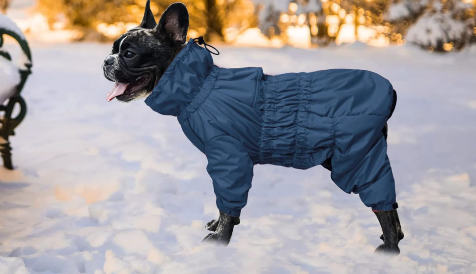 Ein Hund mit einem dunkelblauen Hundemantel im Schnee.
