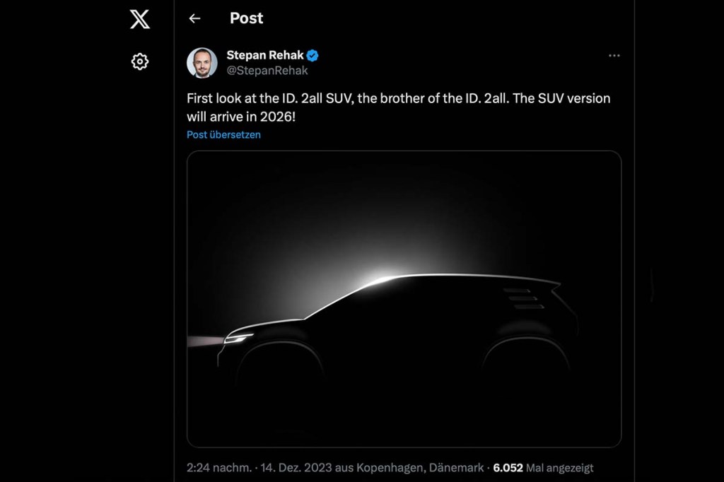 Screenshot eines X-Posts, in dem ein neues Auto angekündigt wird.