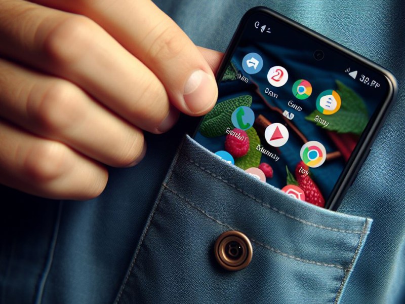 Kleines Smartphone wird in einer Brusttasche verstaut