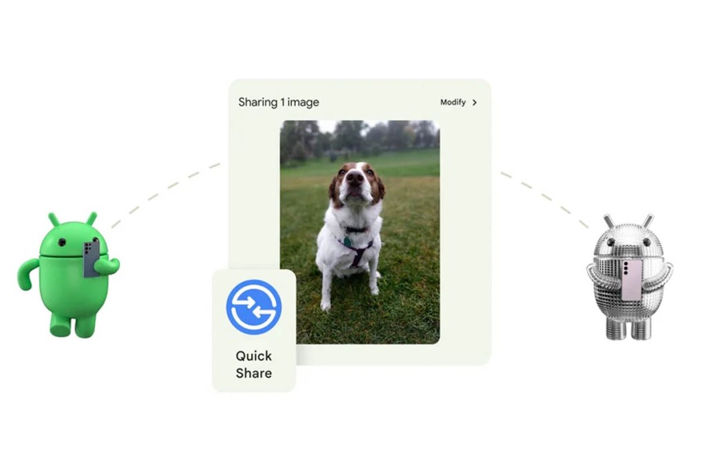 Zwei Android Figürchen nutzen Quick Share, um ein Hundefoto zu teilen.