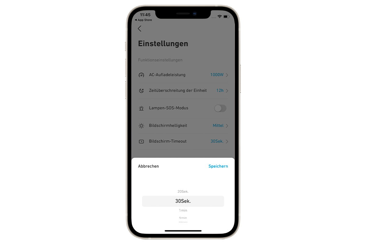 Ein Screenshot der Anker-App auf einem iPhone vor weißem Hintergrund.