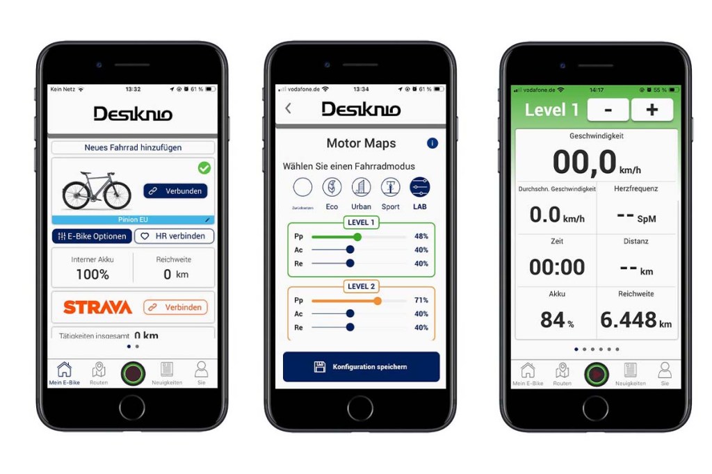 Drei Smartphone Displays nebeneinander, zeigen Einstellungsmöglichkeiten für das Desiknio-E-Bike