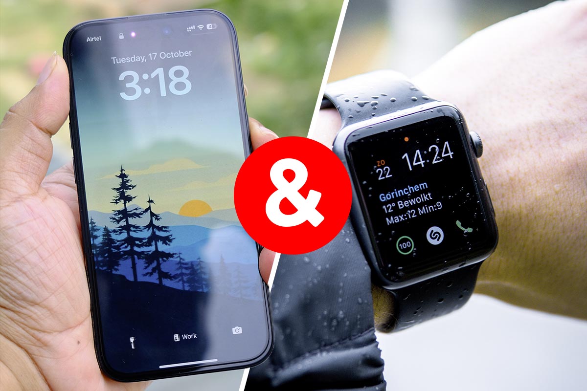 Apple iPhone 15 in einer Hand gehalten und eine Watch S9 um ein Handgelenk getragen.