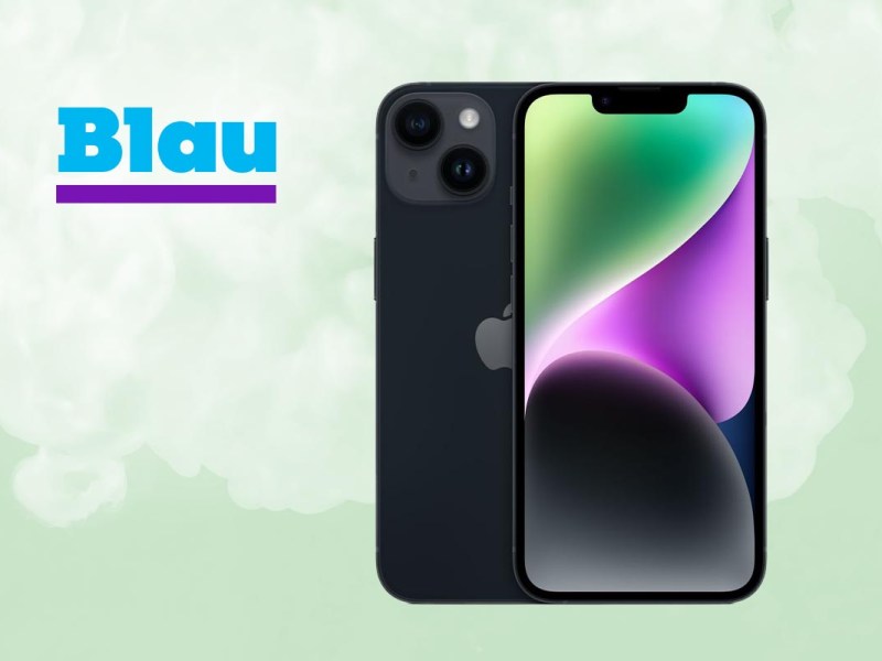 iPhone 14 vor grünem Hintergrund